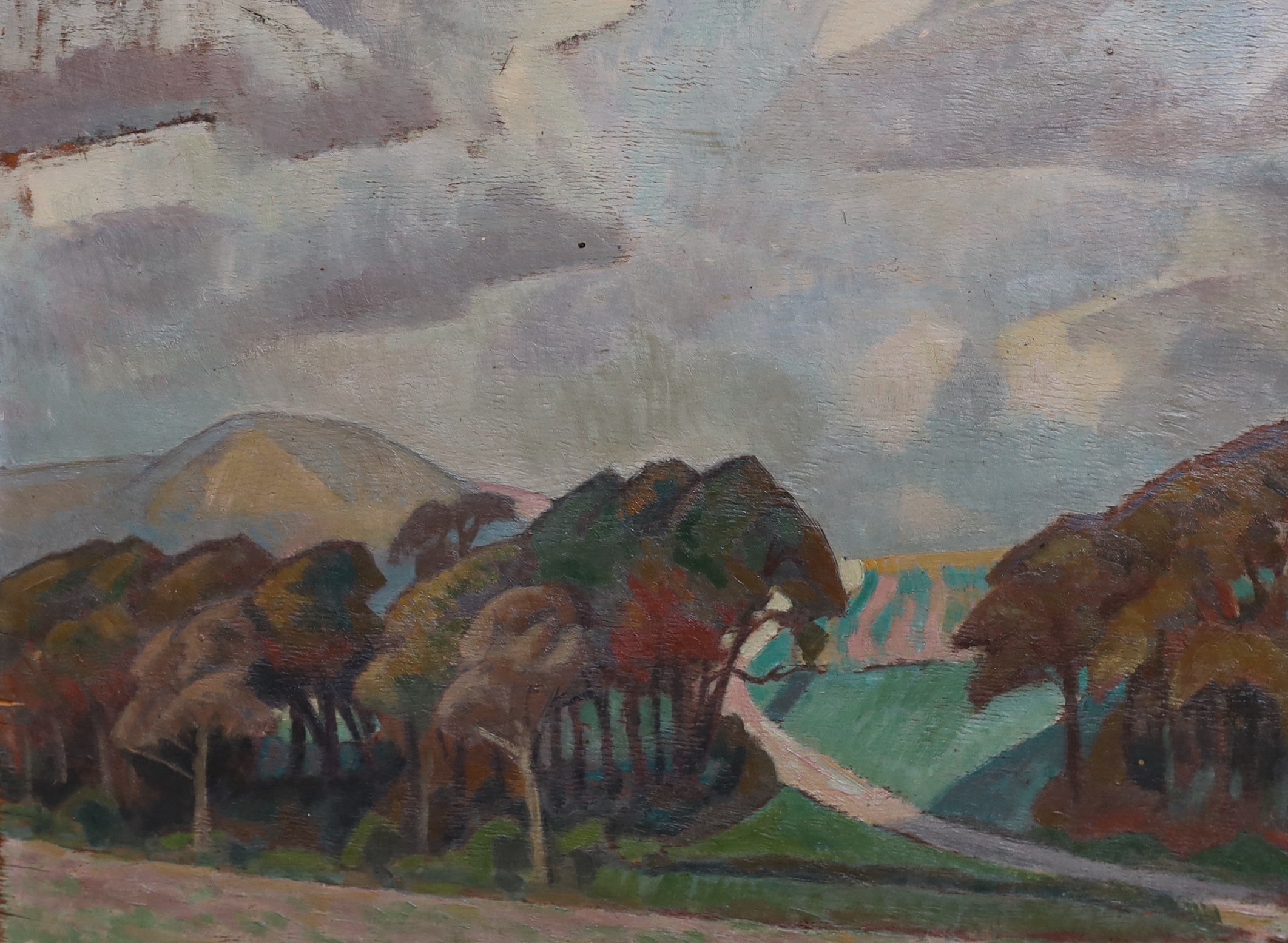 Roger Fry N.E.A.C. (British, 1866-1934), 'The Downs near Guildford', oil on wooden panel, 40 x 52cm